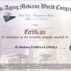 Certyfikat Anti-Aging Medicine World Congress - dr Parda