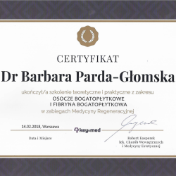 Certyfikat ukończenia szkolenie z zakresu osocze bogatopłytkowe i fibryna bogatopłytkowa - Klinika Medycyny Estetycznej dr Parda
