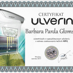 Certyfikat ze szkolenia ULVERIN - dr Parda Klinika Warszawa
