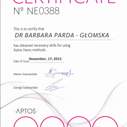 dr Barbara Parda - Głomska , Certyfikat Aptos Nano metody