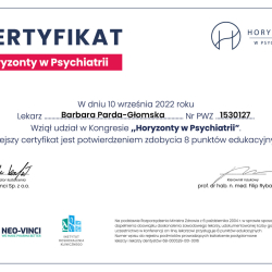 Certyfikat uczestnictwa w Kongresie "Horyzonty w Psychiatrii" - Klinika Medycyny Estetycznej Dr Parda