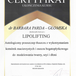 Certyfikat ukończenia kursu Lipolifting - Dr Parda Piaseczno