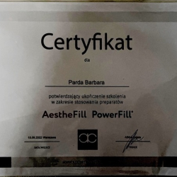 Certyfikat potwierdzający ukończenie szkolenia w zakresie stosowania preparatów AestheFill PowerFill - Klinika Medycyny Estetycznej Dr Parda