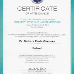 Certyfikat EACCME Barcelona 2016 - dr Parda Klinika Medycyny Estetycznej Warszawa