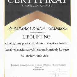 Certyfikat ukończenia kursu Lipolifting - Dr Parda Warszawa