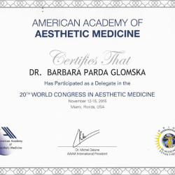 Certyfikat Amerykańskiej Akademii Medycyny Estetycznej - dr Parda Klinika Medycyny Estetycznej Piaseczno